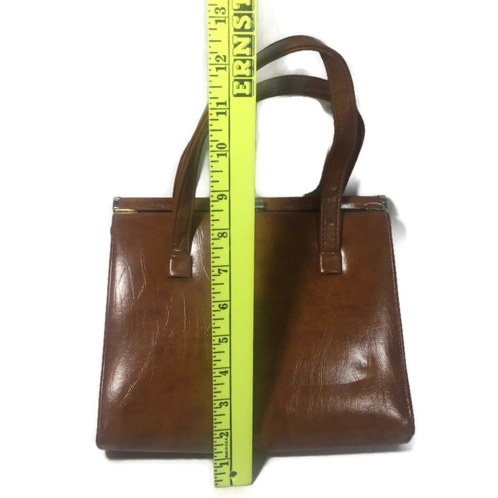 Vintage Brown Tan Handbag Brass Frame Purse Top Clasp - Picture 3 of 8
